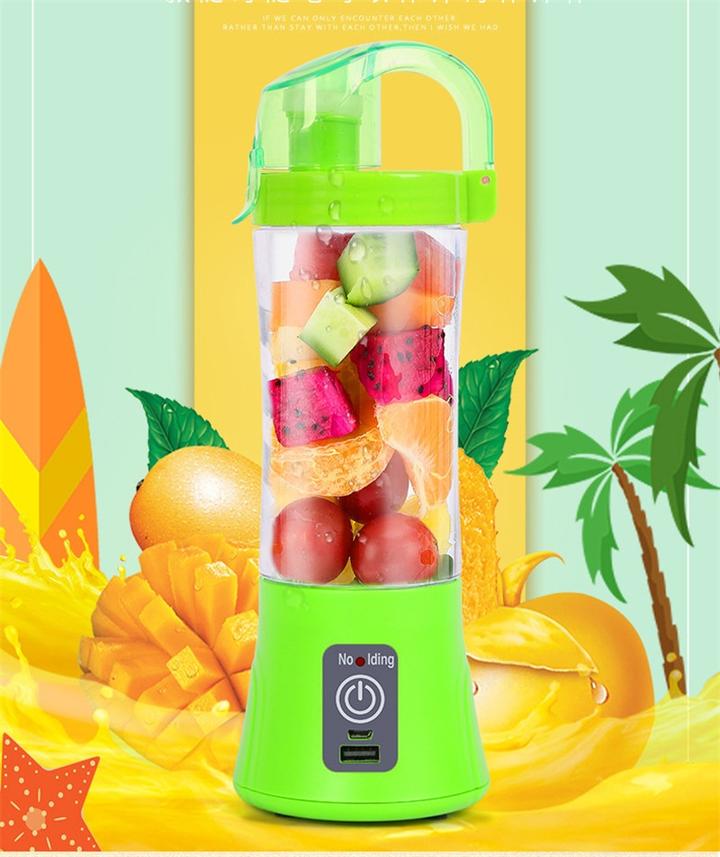 USB rechargeable portable juicer with fruits ready for blending in vibrant green design.