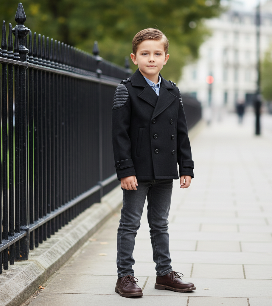 Boys black cashmere winter coat worn by a young boy standing on a city sidewalk beside a black wrought-iron fence.