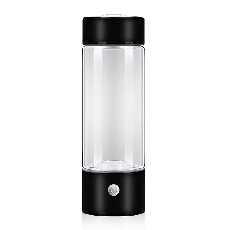 Hydrogen water generator bottle in sleek black design, made of high borosilicate glass, portable and rechargeable.
