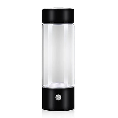 Hydrogen water generator bottle in sleek black design, made of high borosilicate glass, portable and rechargeable.