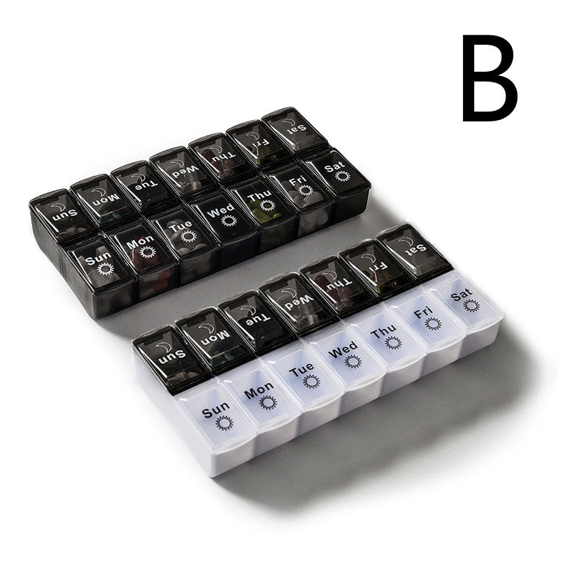 Black and white large capacity detachable pill box for storing seven-day pills.