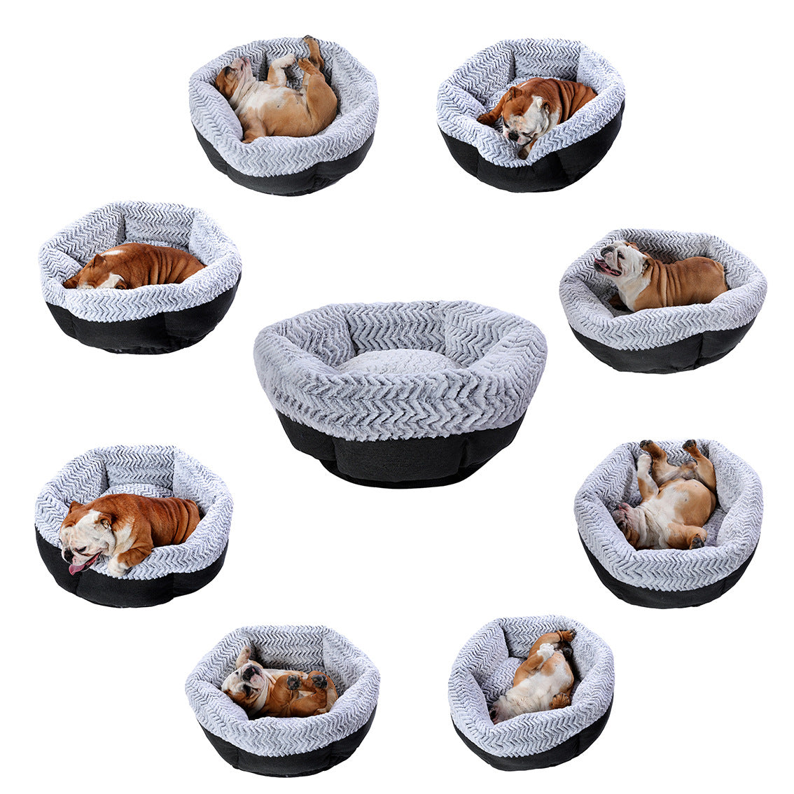Hexagonal doghouse for pets displayed in various sizes and designs with dogs comfortably resting inside.