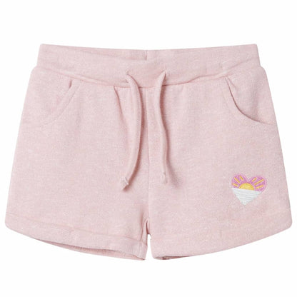 light pink children's shorts with drawstring featuring a heart embroidery and two front pockets.