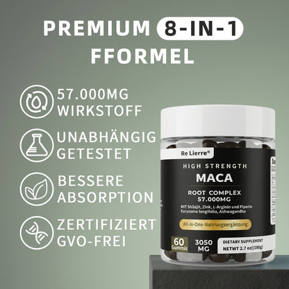Re Lierre Maca Root Complex Gummies bottle with premium 8-in-1 formula for overall wellness and energy support.
