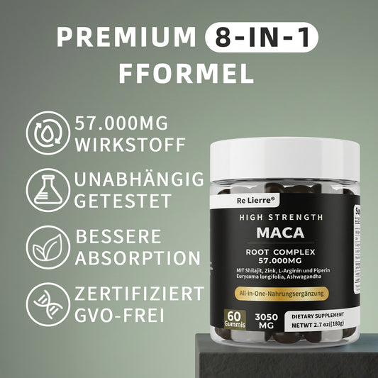 Re Lierre Maca Root Complex Gummies bottle with premium 8-in-1 formula for overall wellness and energy support.