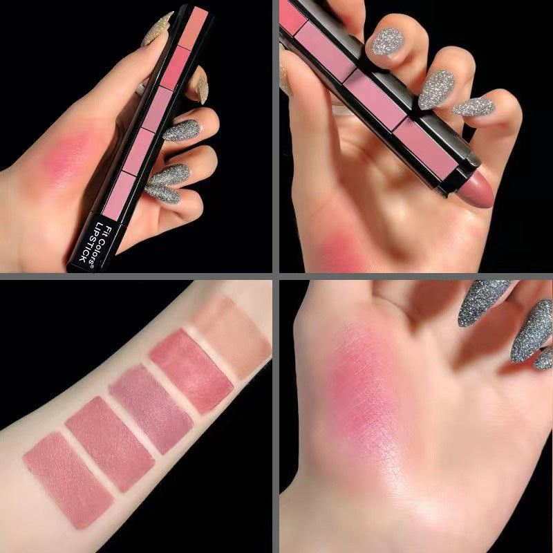 5 in 1 Velvet Matte Lipstick showcased in hand with swatches and application on skin.