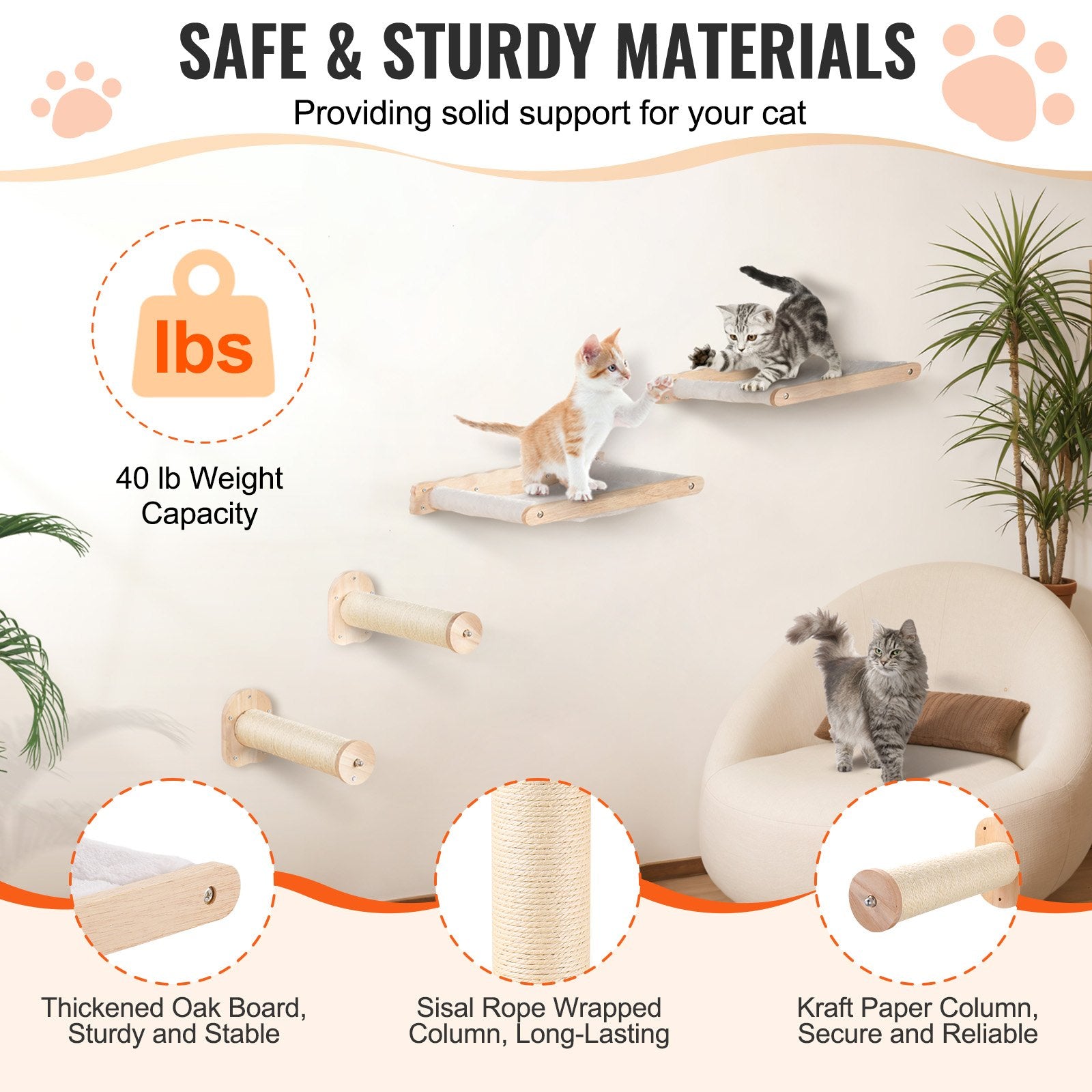 Wall mounted cat shelves with hammocks for cats, showcasing safe materials and sturdy design for climbing and playing.