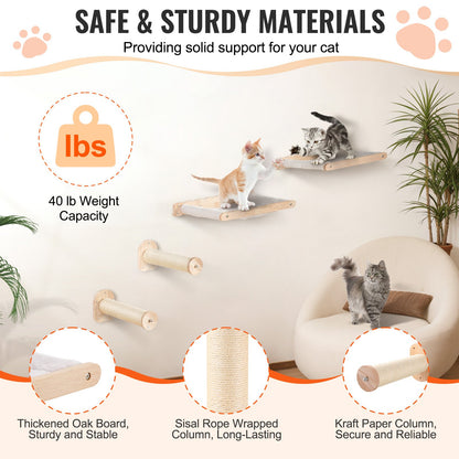 Wall mounted cat shelves with hammocks for cats, showcasing safe materials and sturdy design for climbing and playing.