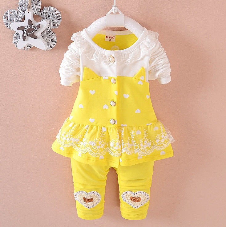 BibiCola toddler girls clothing sets featuring a yellow outfit with heart patterns and lace trim for infants.