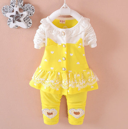 BibiCola toddler girls clothing sets featuring a yellow outfit with heart patterns and lace trim for infants.