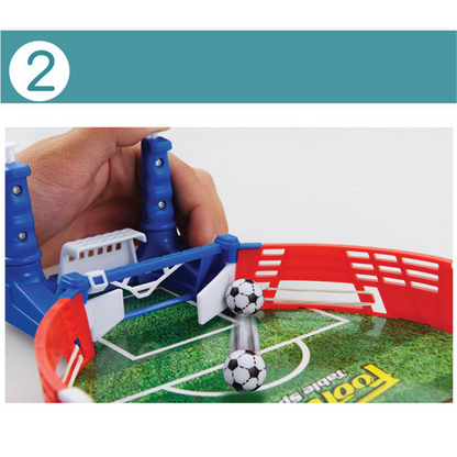 Mini Football Board Match Game featuring portable soccer tabletop game with hand and players scoring goals.