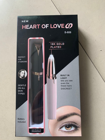 Flawlessly Brows Electric Eyebrow Remover in packaging, features 18k gold plated head and built-in light for easy use.