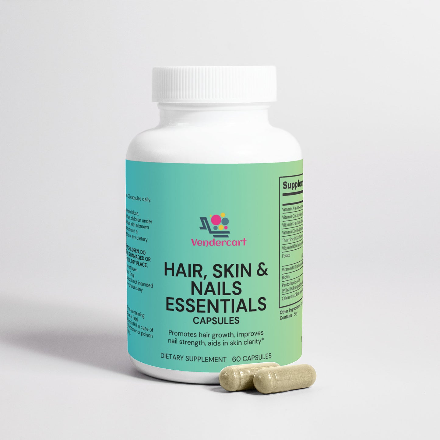 HAIR, SKIN & NAILS SUPPLEMENTS bottle with capsules for healthy hair, skin, and nails in a clear background.