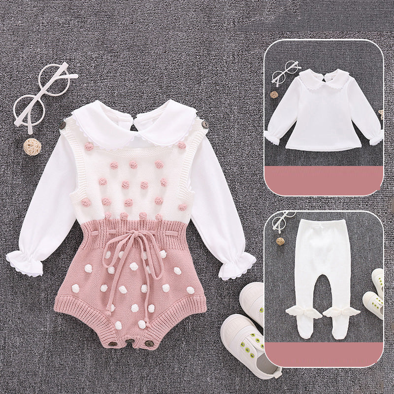 100% cotton baby clothes set featuring a cute romper and long sleeve top with polka dots and bow leggings.