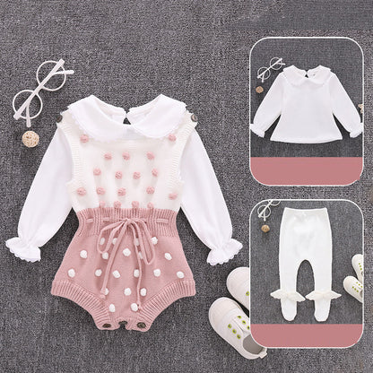 100% cotton baby clothes set featuring a cute romper and long sleeve top with polka dots and bow leggings.