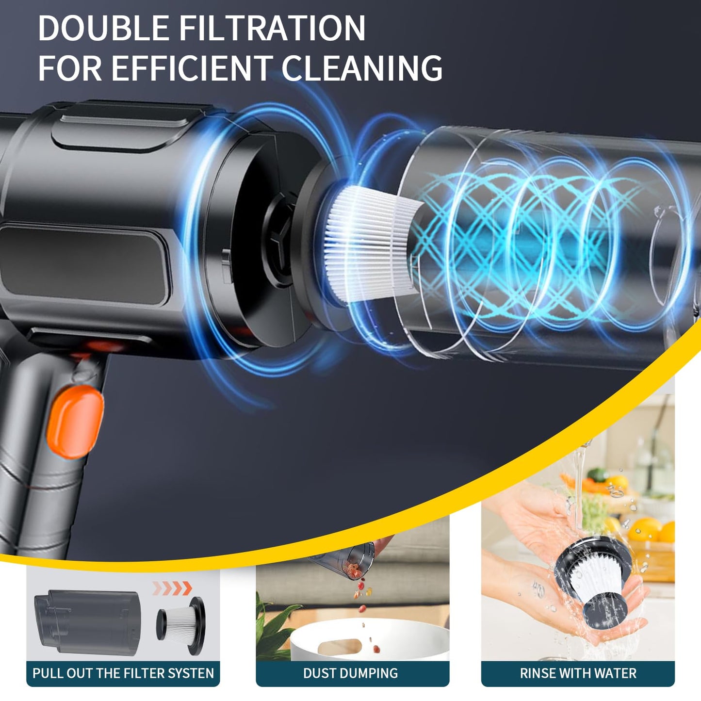 Double filtration system of wireless mini handheld vacuum for efficient cleaning.