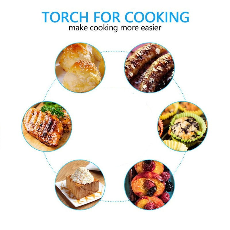 Adjustable flame kitchen blowtorch showcased in various cooking applications including baking and grilling.