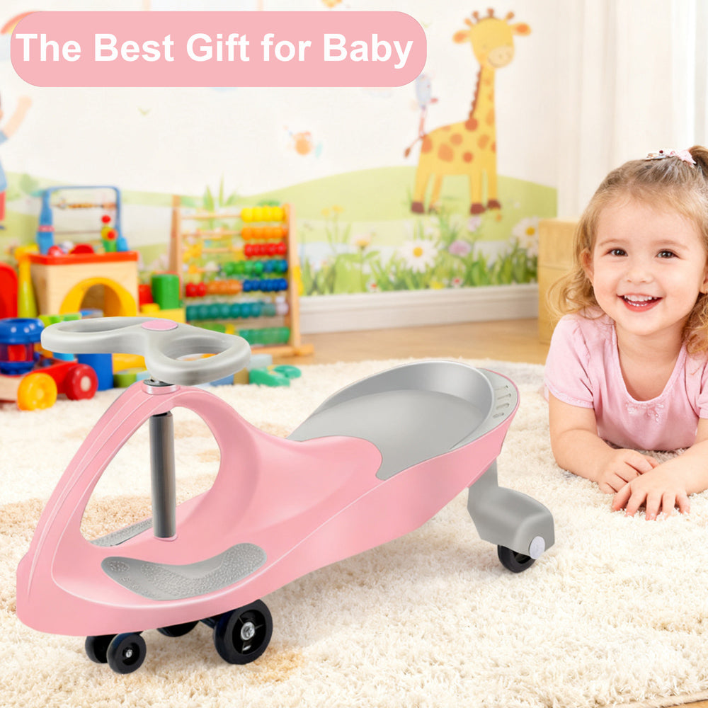 children's swing car toy in pink with a smiling girl, perfect gift for toddlers, safe design features noted.