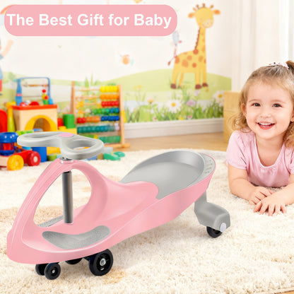 children's swing car toy in pink with a smiling girl, perfect gift for toddlers, safe design features noted.