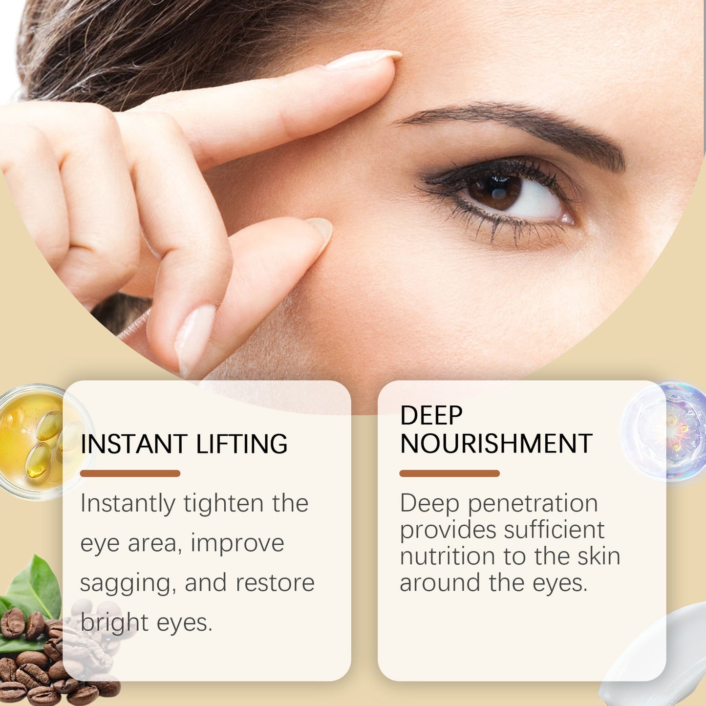 Woman demonstrating the benefits of firming eye cream for moisturizing with text highlighting instant lifting and deep nourishment.