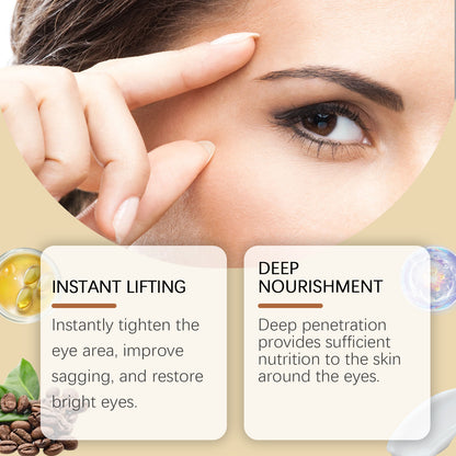 Woman demonstrating the benefits of firming eye cream for moisturizing with text highlighting instant lifting and deep nourishment.