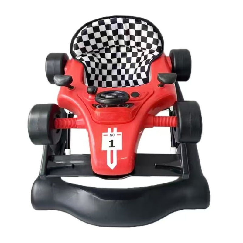 Race Car Style Baby Walker in bright red color with black checkerboard seat and steering wheel.