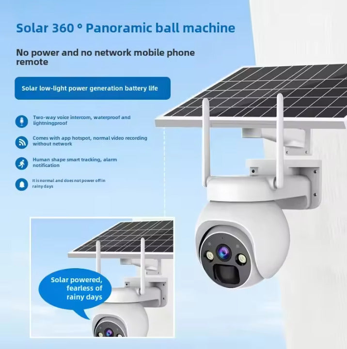 Wireless solar powered security camera with PIR motion detection and panoramic view features.