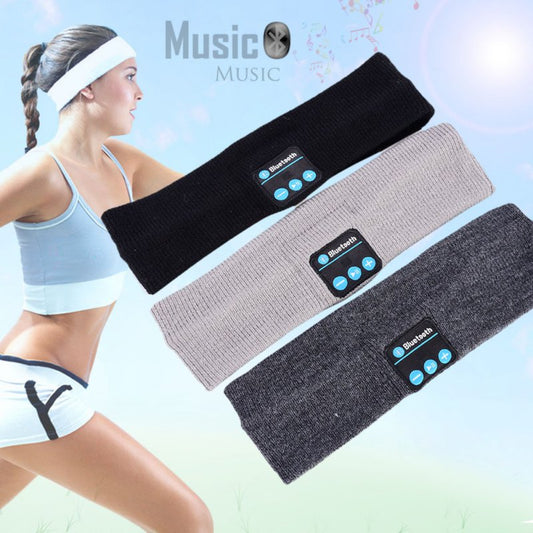 Bluetooth sports music headband in black, gray, and dark gray colors on display with a woman exercising.