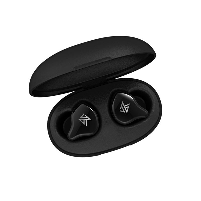 KZ S1 true wireless bluetooth headphones in a compact charging case, showcasing black design.