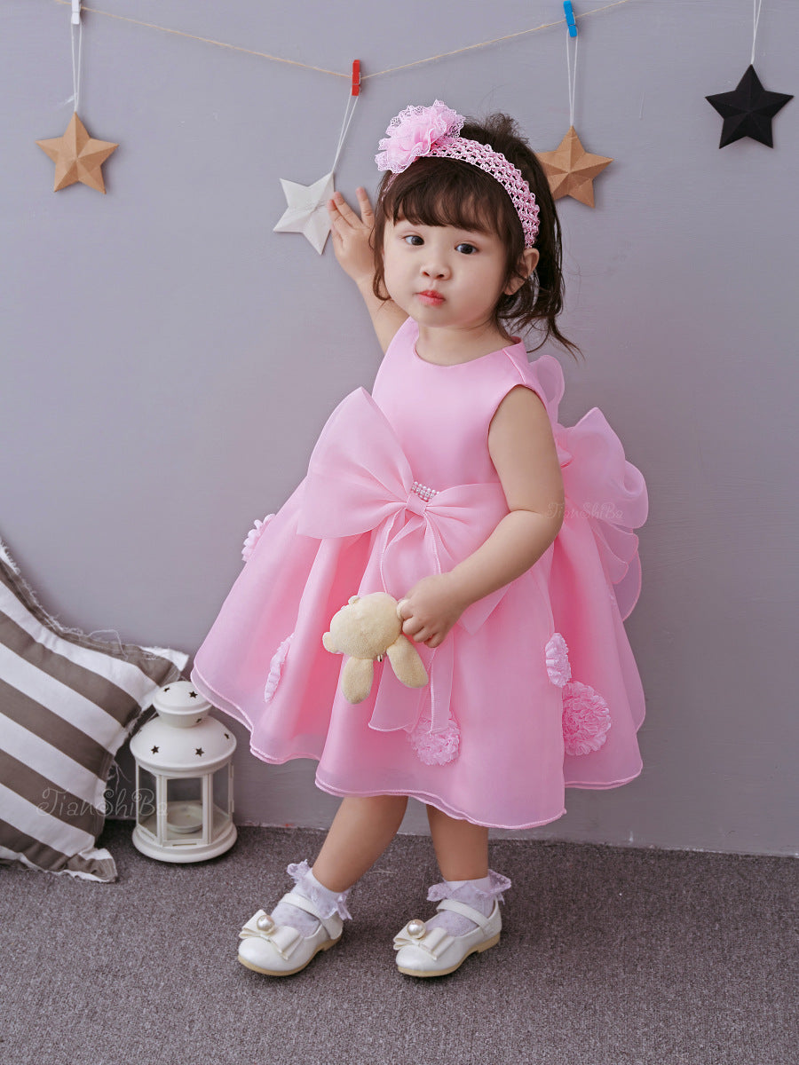Cute toddler in a pink princess dress for girls holding a stuffed toy, perfect for spring and summer celebrations.