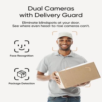 Dual camera security video doorbell with features like face recognition and package detection for enhanced security.
