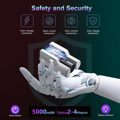 Hand holding portable VR power bank with safety features and 5000mAh capacity for extended use.
