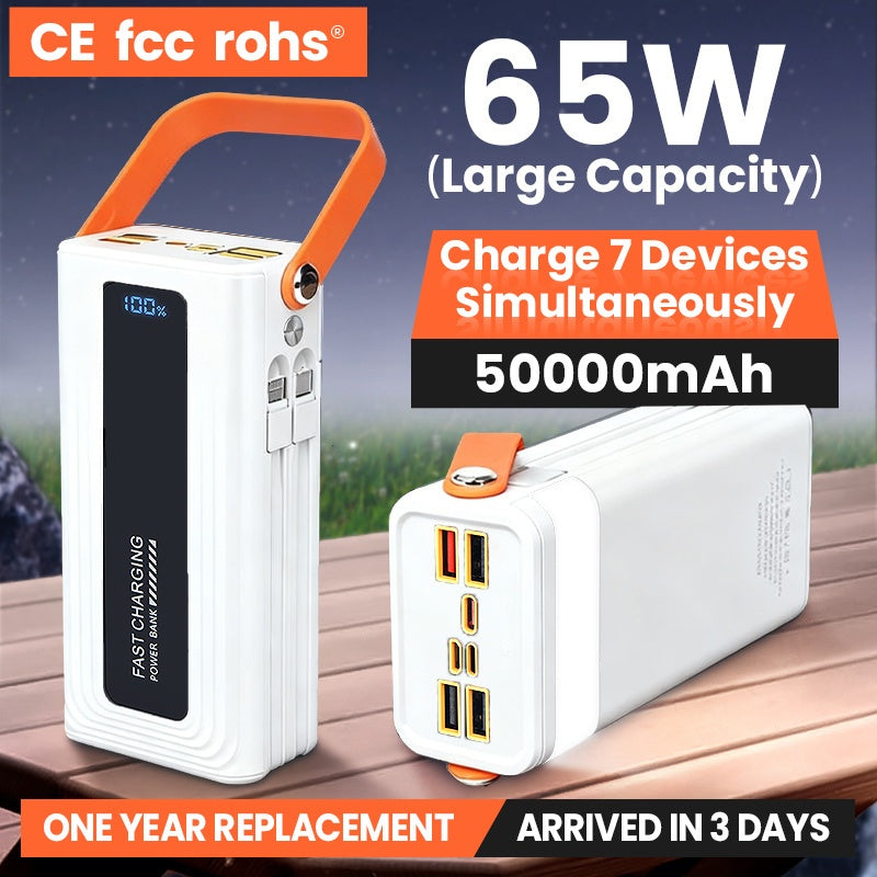 Large Capacity Portable Power Bank 50000mAh with 65W output, charges 7 devices simultaneously, ideal for travel.