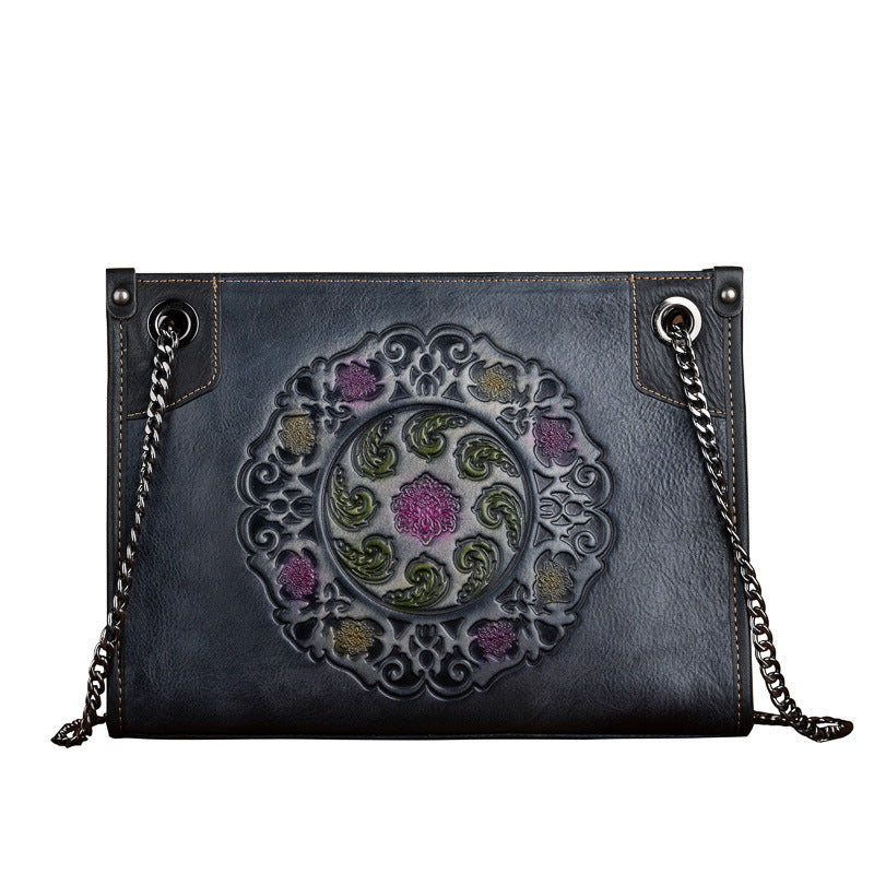 Large capacity leather tote bag with embossed floral pattern and chain straps, perfect for casual outings.