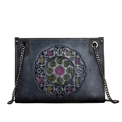 Large capacity leather tote bag with embossed floral pattern and chain straps, perfect for casual outings.