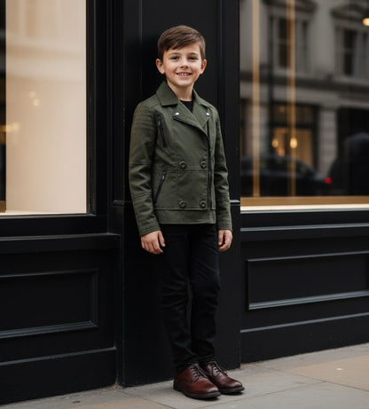 Boys military style jacket worn by a smiling boy standing outside, showcasing a stylish and smart look.