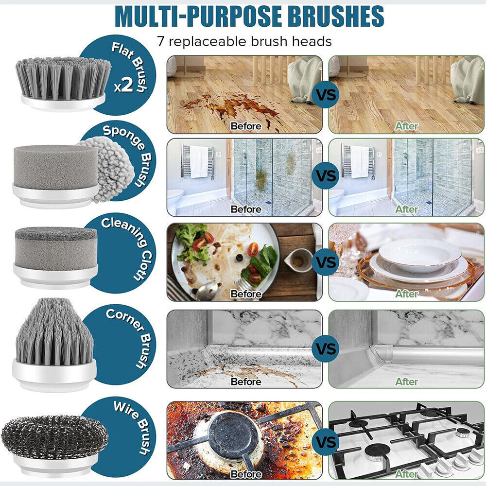Multi-purpose brushes for cordless electric cleaning brush with 7 replaceable heads for effective cleaning.