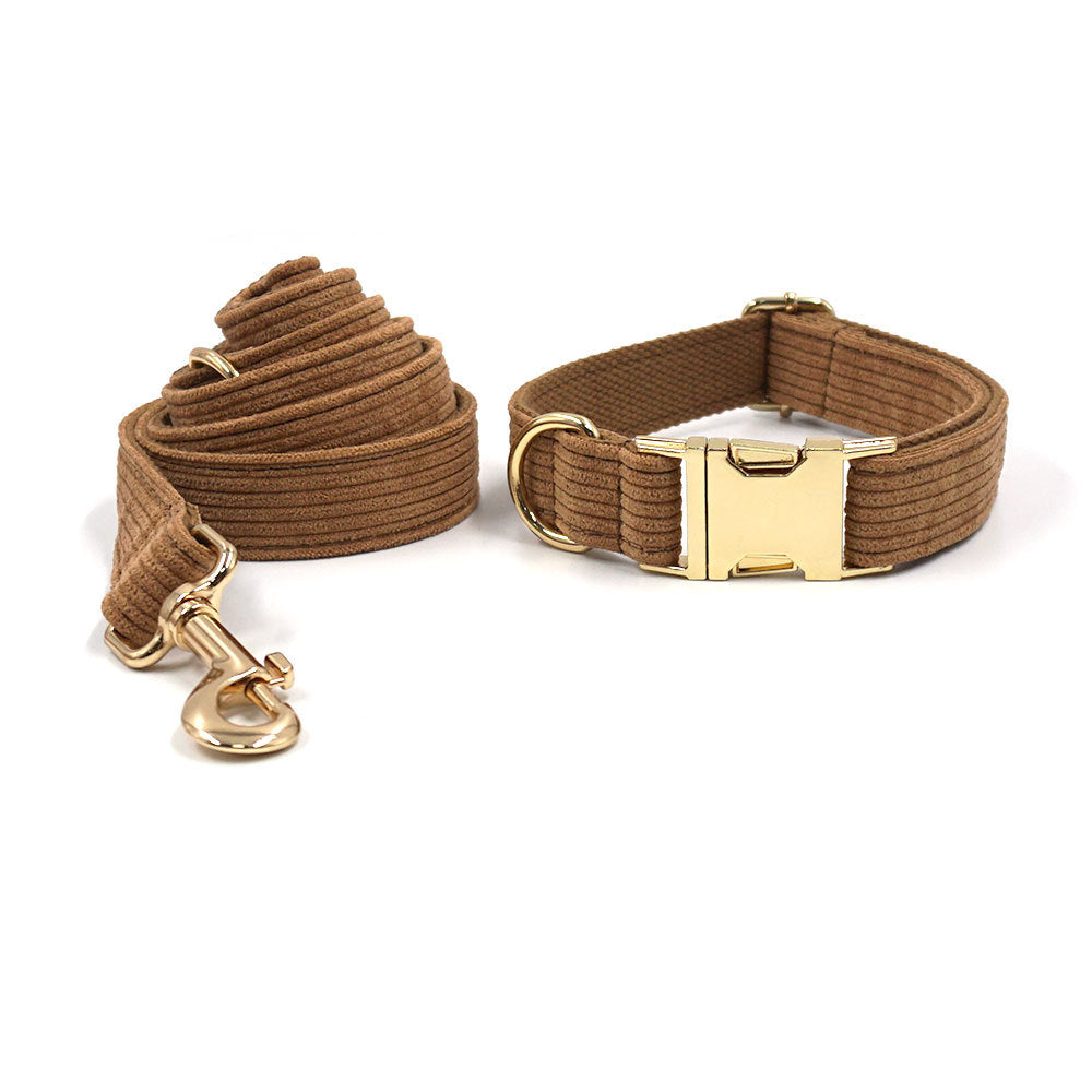 Pet collar and traction rope set made with brown corduroy and gold buckle, perfect for pet walking and control.