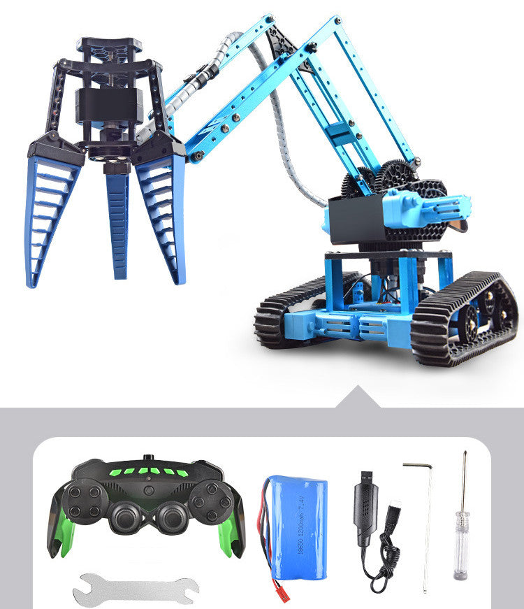 Remote control robot toy with claw manipulator and controller, designed for high-tech youth fun.