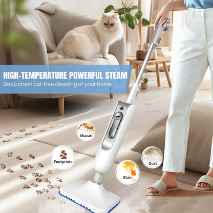 12 in 1 steam mop cleaner in action, showcasing high-temperature steam for deep cleaning carpets and hard floors.