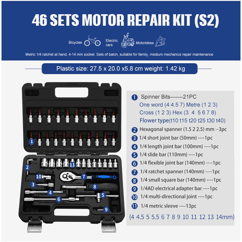 Socket Ratchet Wrench Set Repair Tools - ratchet wrench set for home and auto repair, 46 sets motor repair kit.
