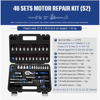 Socket Ratchet Wrench Set Repair Tools - ratchet wrench set for home and auto repair, 46 sets motor repair kit.
