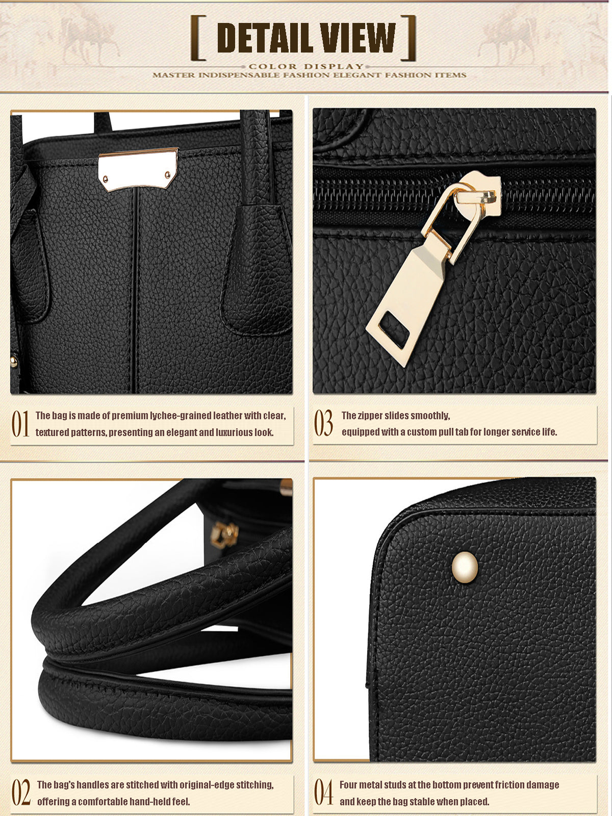 Detail view of women's large capacity tote bag showcasing premium textured synthetic leather and durable hardware.
