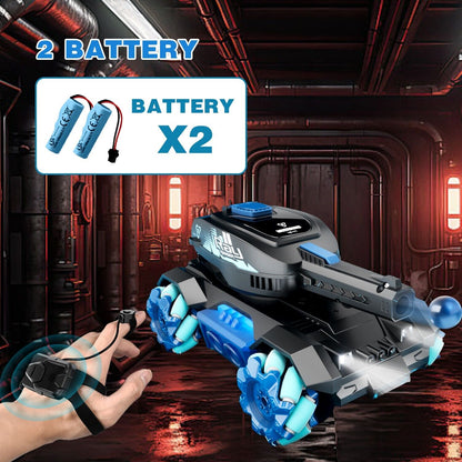 DE Y1 RC Tank with two batteries, gesture sensing rc stunt car for exciting play and stunts in action.