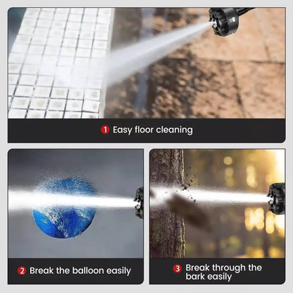 Showcasing the cordless car pressure washer in action: easy floor cleaning, breaking balloons, and tackling tough bark.