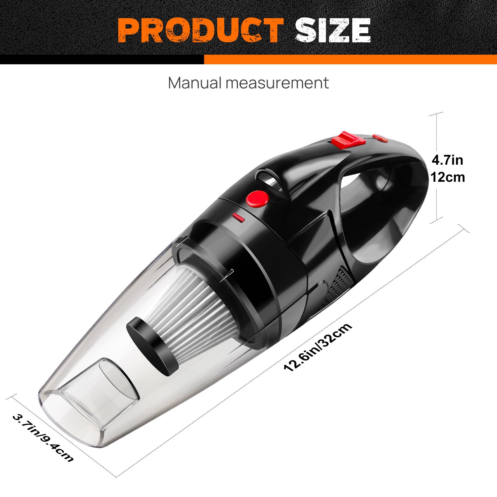 Mini cordless vacuum cleaner dimensions showing the size and design of the cordless handheld vacuum cleaner.