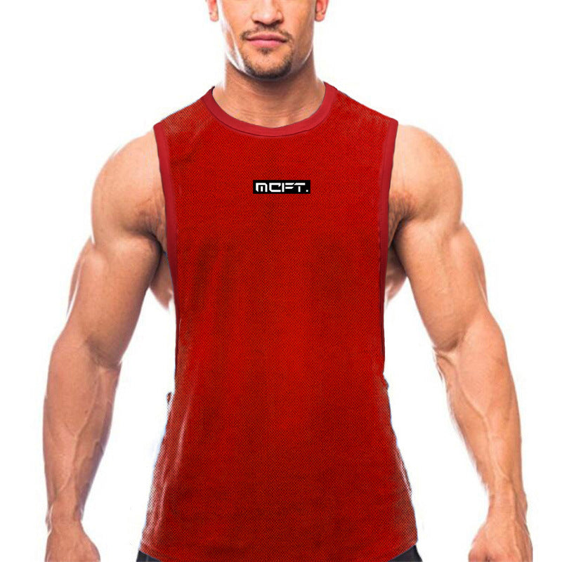 Men's summer sports t-shirt in red color, featuring a loose fit and made from polyester fiber.
