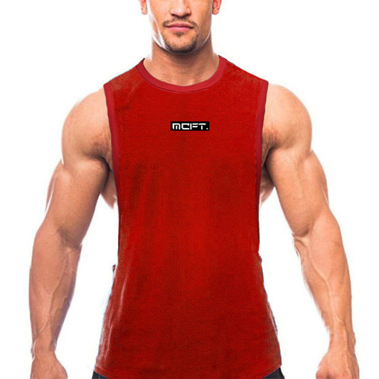Men's summer sports t-shirt in red color, featuring a loose fit and made from polyester fiber.