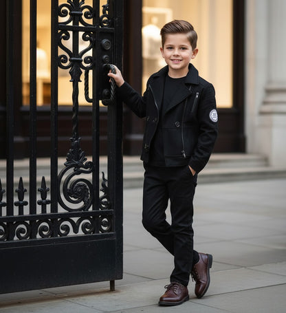 Boys military style jacket worn by a stylish young boy, posing confidently by an ornate gate.