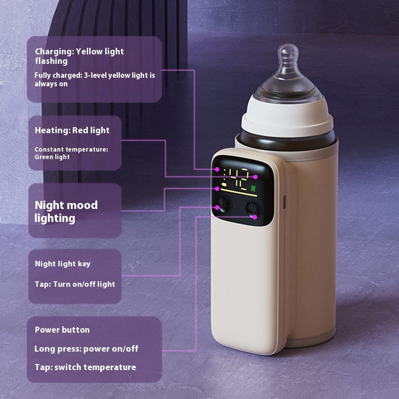Universal baby bottle warmer cover with charging, heating, and night mood lighting features.